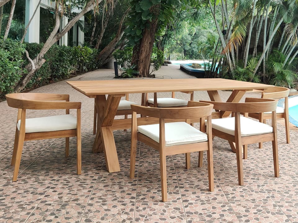 Bali Teak 7-Piece Outdoor Dining Set with 6 Armchairs and Rectangle Table