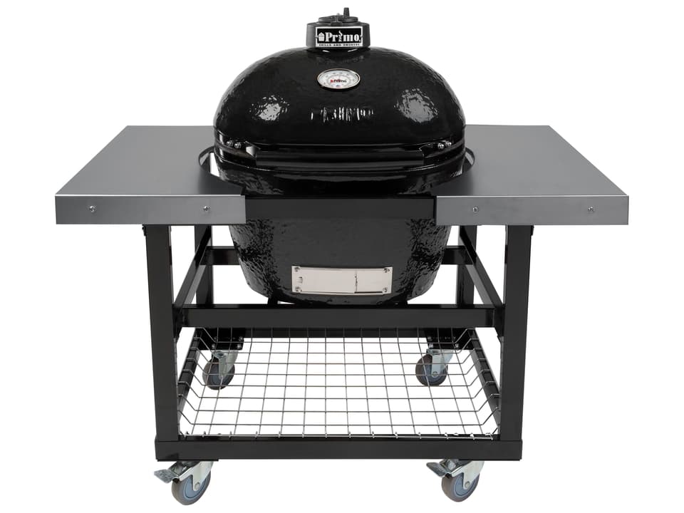 Primo Oval XL Jack Daniels Edition Charcoal Grill with Stainless Steel Cart and Side Shelves