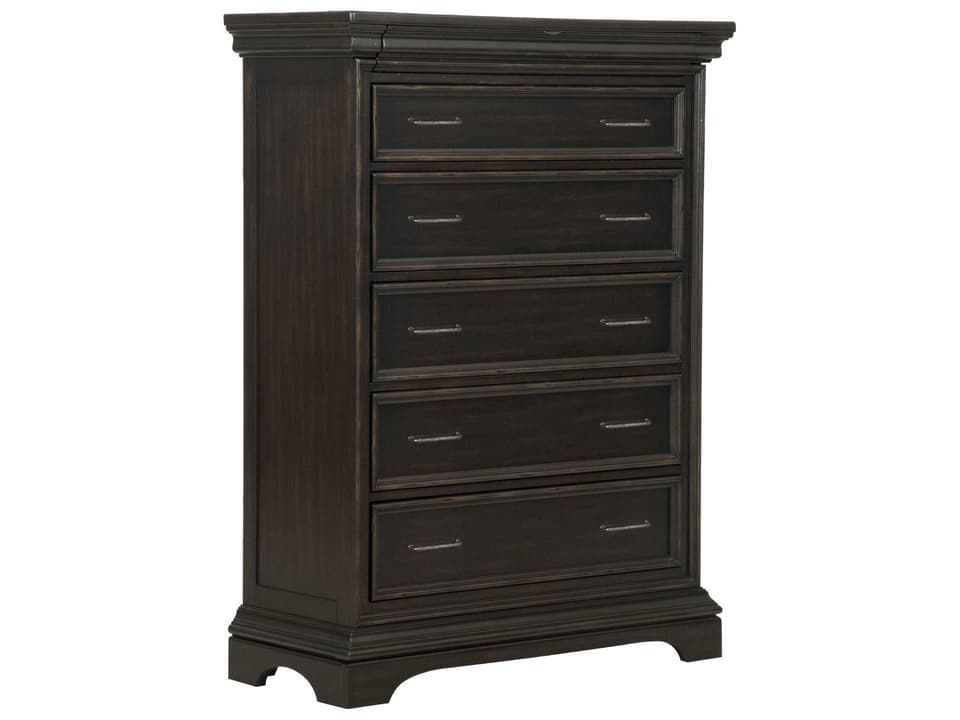 Caldwell 6 Drawer Chest in Smoked Molasses Finish with Antique Brass Pulls