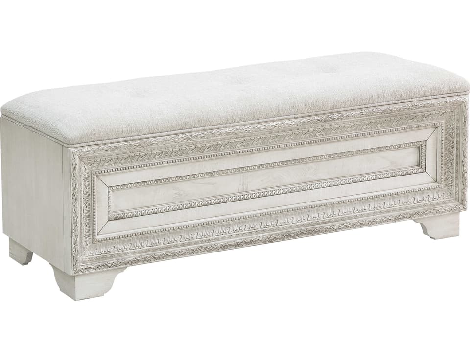 Camila Upholstered Storage Bed Bench with Silver Tipped Moldings in Creamy White