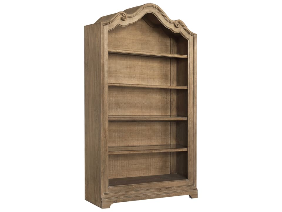 Weston Hills Bookcase with Glass Shelves and Lighting in Flax Seed Finish
