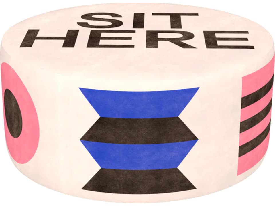 Oggian Sit Here Upholstered Pouf in White with Graphic Polyester Pattern