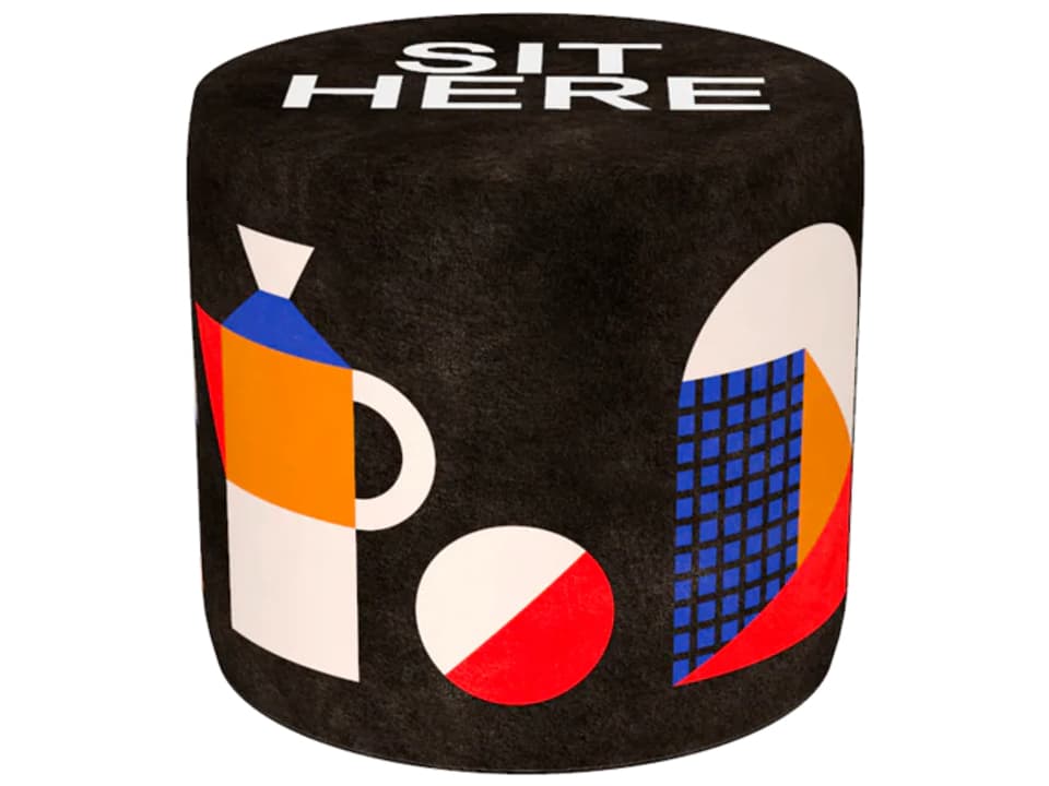 Oggian Sit Here Pouf in Black Polyester with Graphic Upholstery