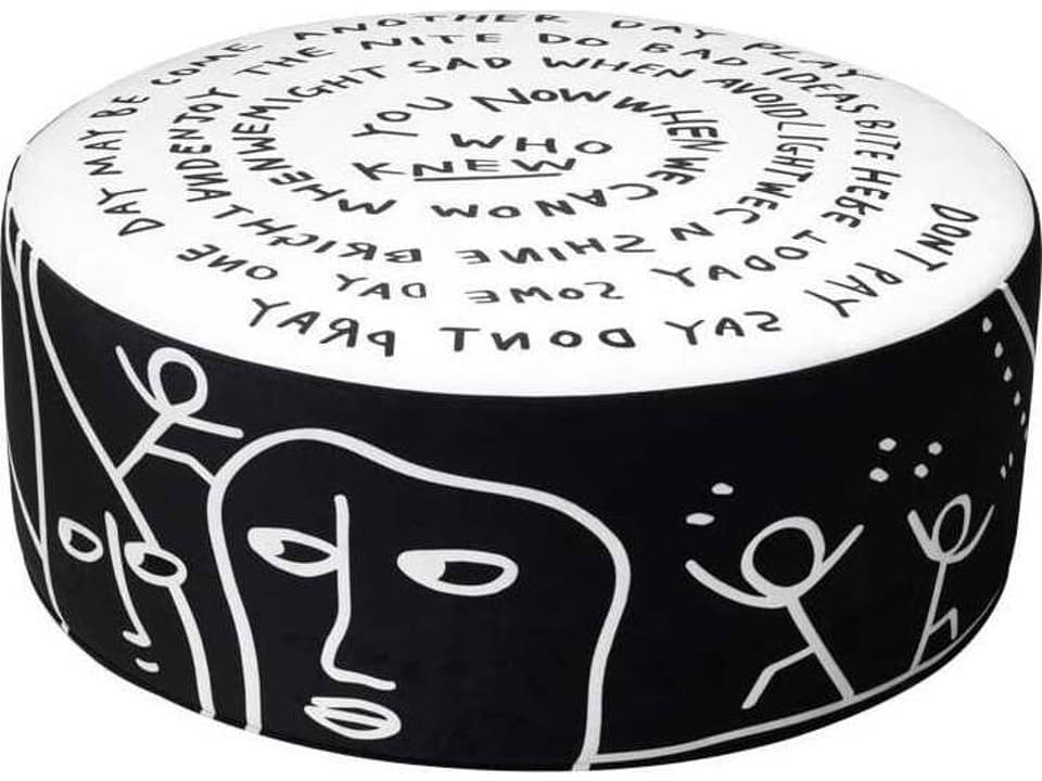 Linescapes Dawn Upholstered Pouf in Black and White Graphic Polyester