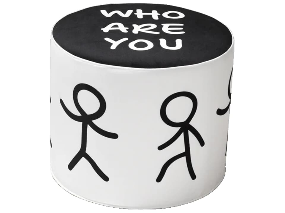 Linescapes Who Are You Upholstered Pouf in Black and White Graphic Polyester