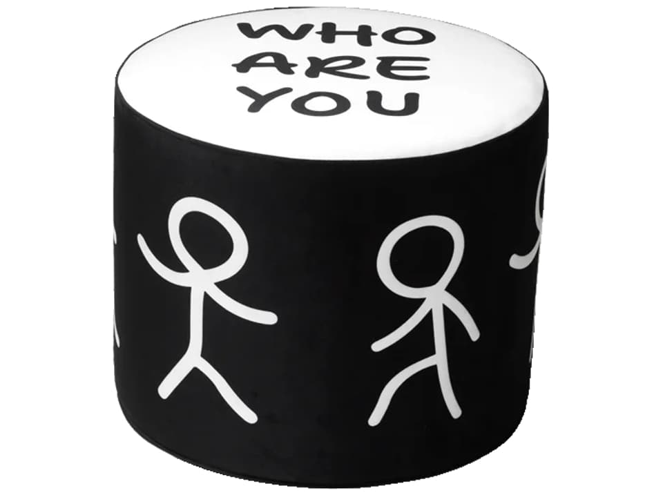 Linescapes Who Are You Upholstered Pouf in White and Black Graphic by Shantell Martin