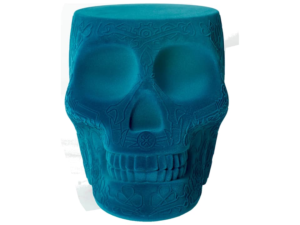 Mexico Skull Accent Stool and Side Table in Light Blue Velvet Upholstery