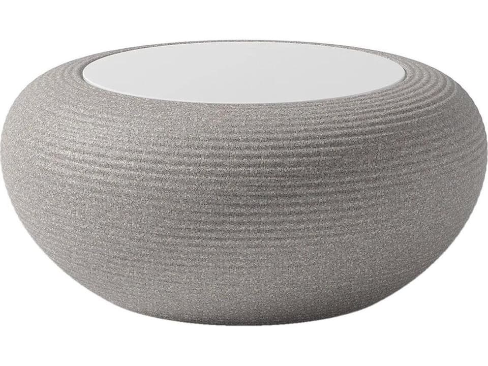 Nami Round End Table in Warm Grey Mix Recyclable Polyethylene with Painted Glass Top
