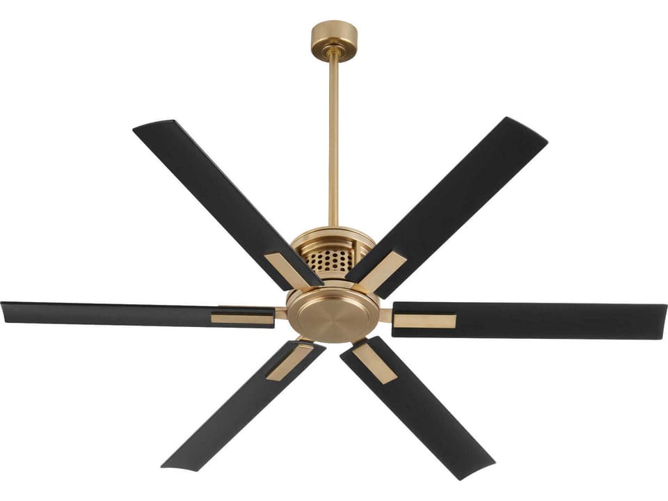Zeus 65-Inch 6-Blade Outdoor Ceiling Fan in Aged Brass with Matte Black Blades