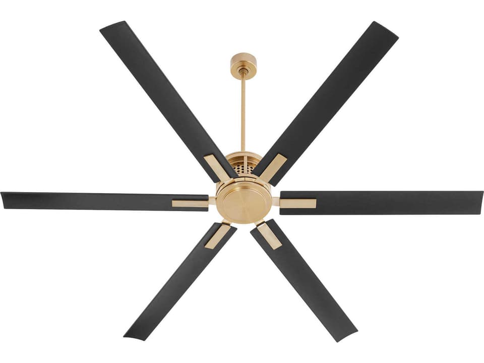 Zeus 80-Inch 6-Blade Outdoor Ceiling Fan in Aged Brass with Matte Black Blades