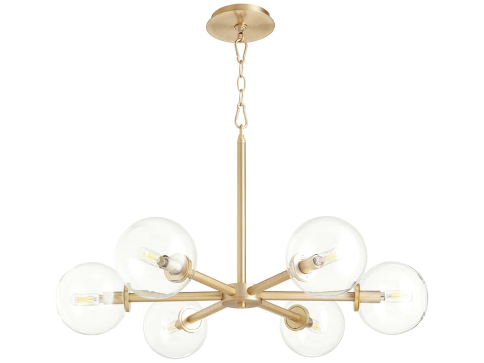 Rovi 6-Light Mid-Century Modern Chandelier in Aged Brass with Clear Glass