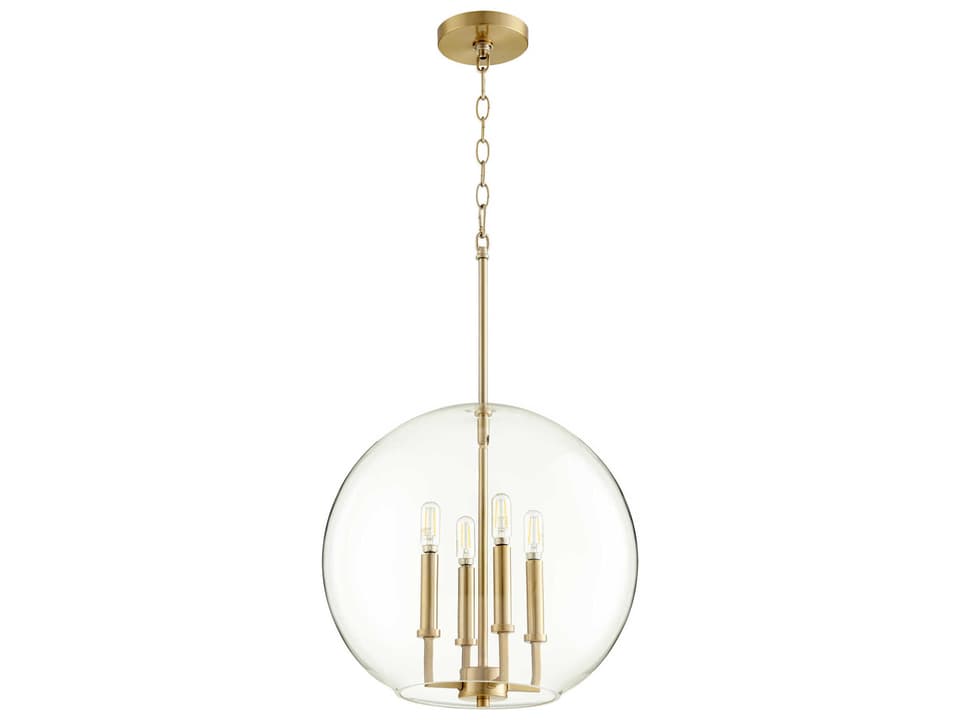 4-Light Aged Brass Globe Chandelier with Clear Glass Shade