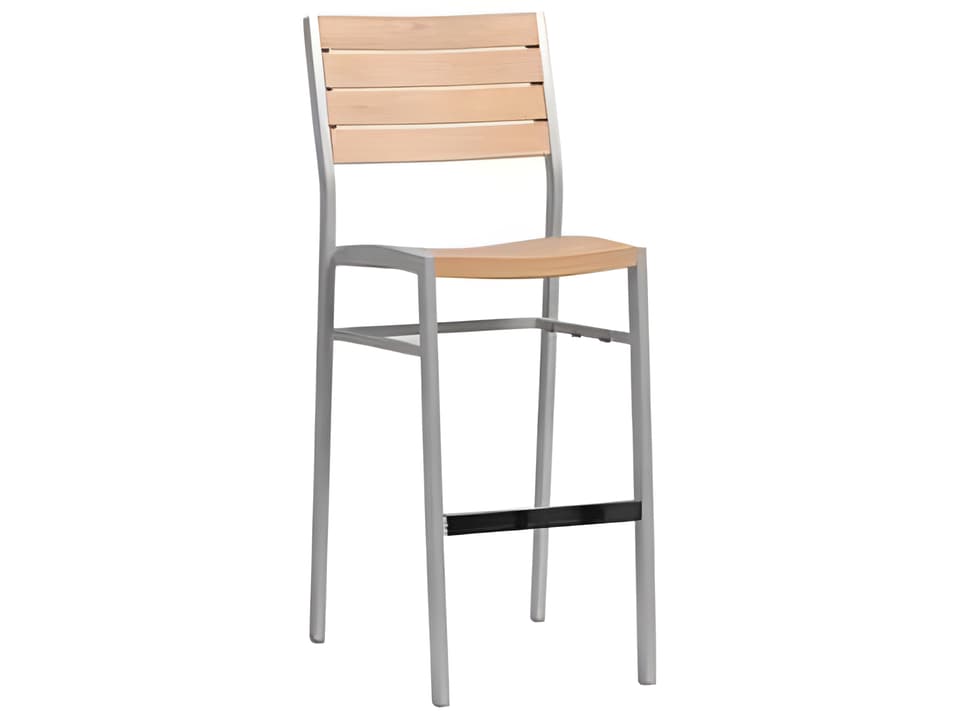 New Mirage Stackable Outdoor Bar Stool in Silver Aluminum and Faux Teak