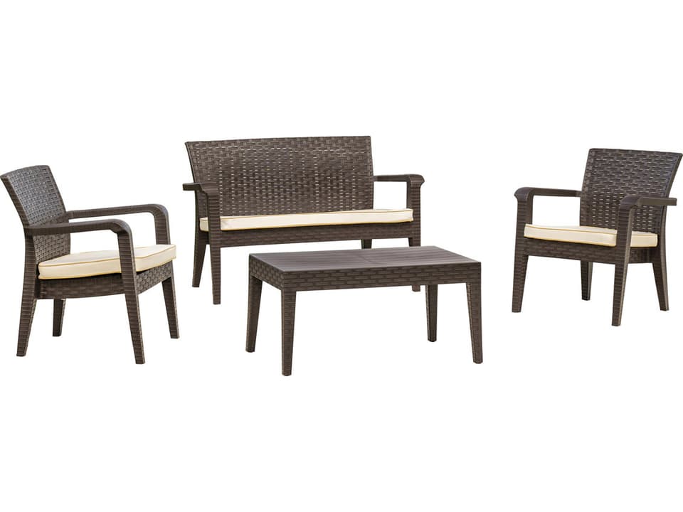 Alaska 4 Piece Resin Wicker Lounge Set Brown with Cream Cushions