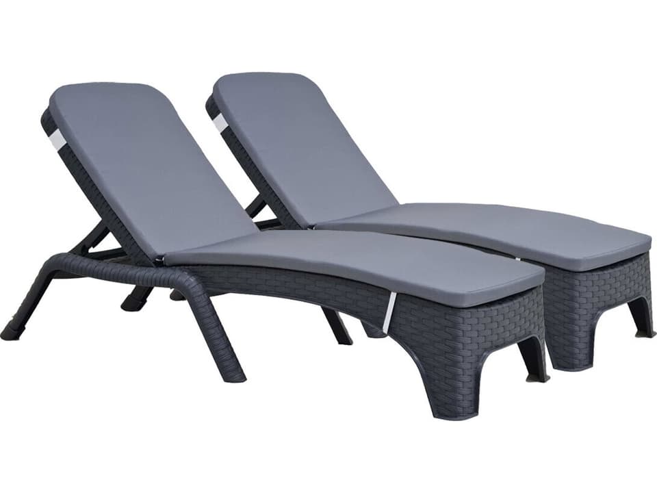 Roma Resin Wicker Anthracite Stackable Chaise Lounge with Cushions Set of 2