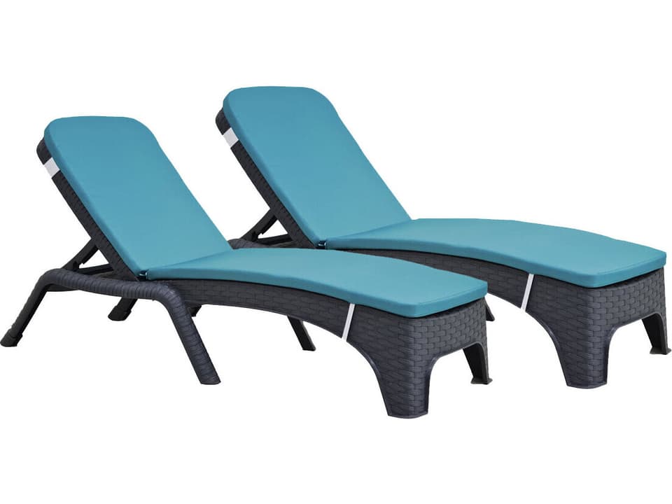 Roma Stackable Resin Wicker Outdoor Chaise Lounge with Teal Cushions Set of 2