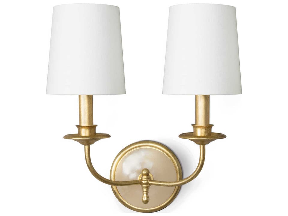 Fisher Double Wall Sconce Gold Leaf with Alabaster and Linen Shade