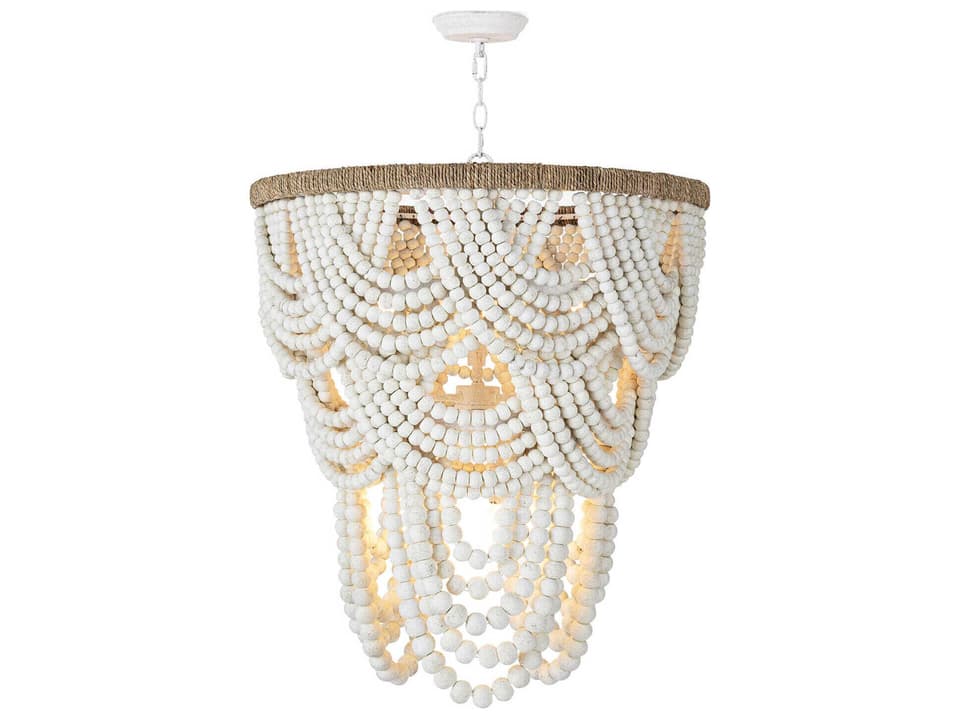 6-Light Lorelei Wood Bead Chandelier in Distressed White
