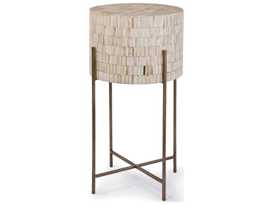 Bone Tile Round End Table in Antique Brass