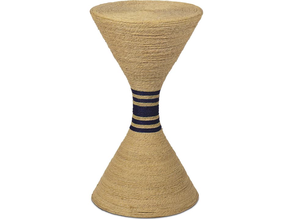 Maren Round Wicker End Table with Navy Stripes
