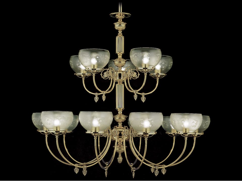 Chancery 15-Light Polished Brass Foyer Chandelier with Etched Glass Shades