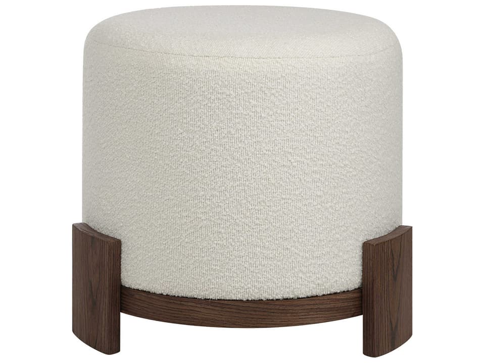 Chaves Round Ivory White Bouclé Ottoman with Dark Walnut Veneer Base