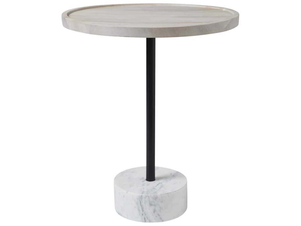 Antares Round End Table in Whitewashed Acacia with Marble and Black Iron Base