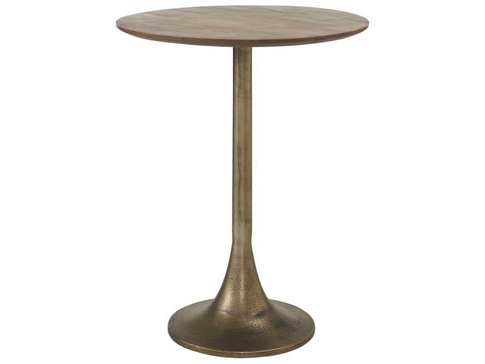 Sparta Round End Table in Stained Mango Wood with Antique Brass Tulip Base