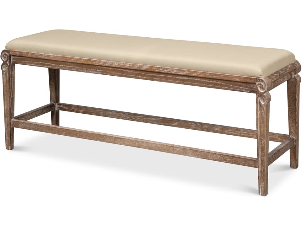 Smith Building Parlor Bench in Beige Linen and White Wash Oak