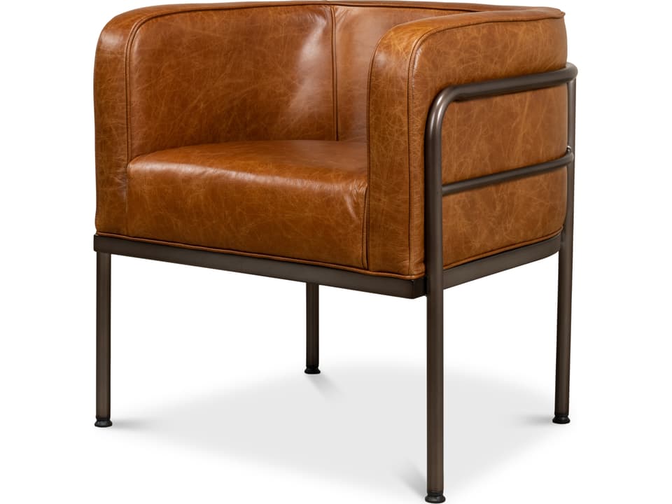 Breda Contemporary Leather Accent Chair with Aged Metal Frame