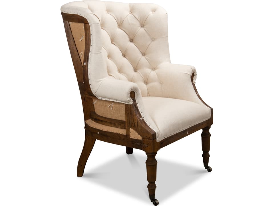 Irish Wingback Accent Chair in Ivory Linen with Deconstructed Back