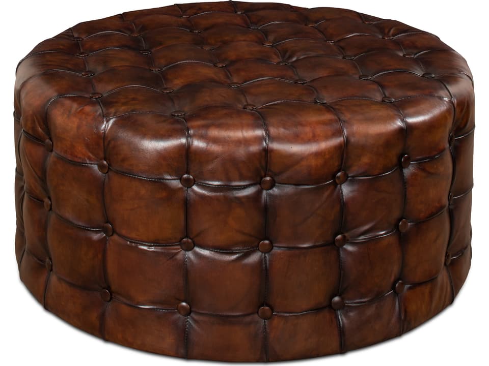 Leather Tufted Round Ottoman in Brown Antique Finish