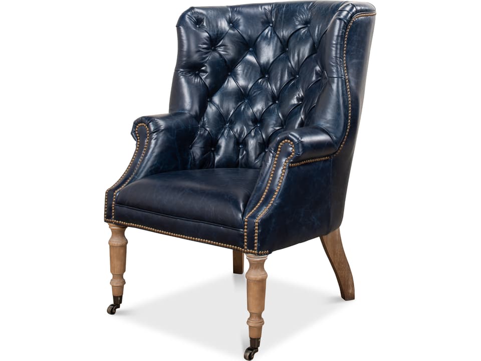Welsh Tufted Leather Arm Chair in Chateau Blue with Nailhead Trim
