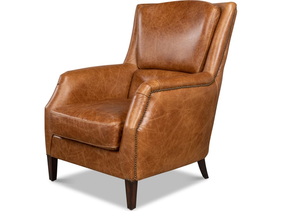 Baker Leather Accent Arm Chair in Cuba Brown with Nailhead Trim