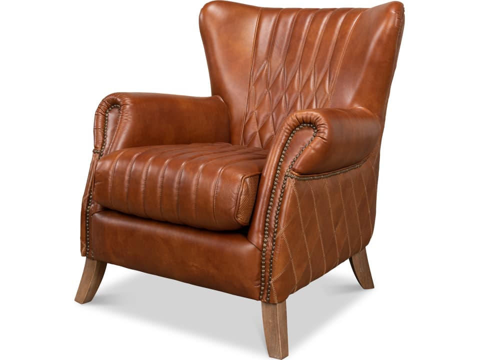 Bugatti Arm Chair in Brown Aniline Leather with Nailhead Trim