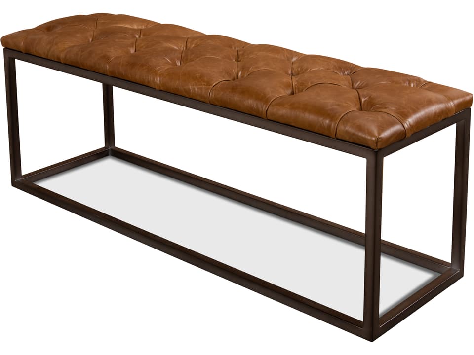 Cologne Upholstered Bench Tan Aniline Leather and Metal
