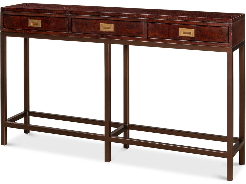 Campaign Embossed Console Table in Dark Brown Leather