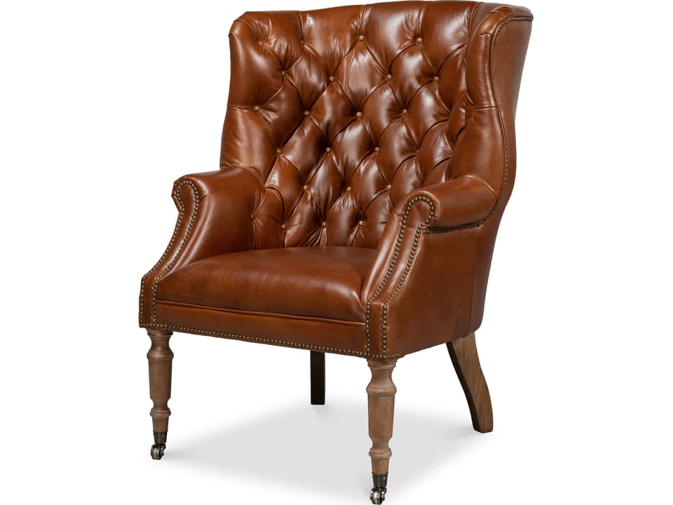 Welsh Tufted Leather Wingback Accent Chair in Vintage Havana