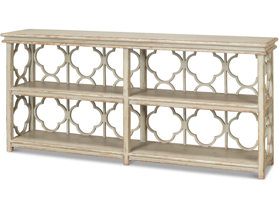 Quatrefoil Bookshelf Console Table Distressed Green Sage Finish