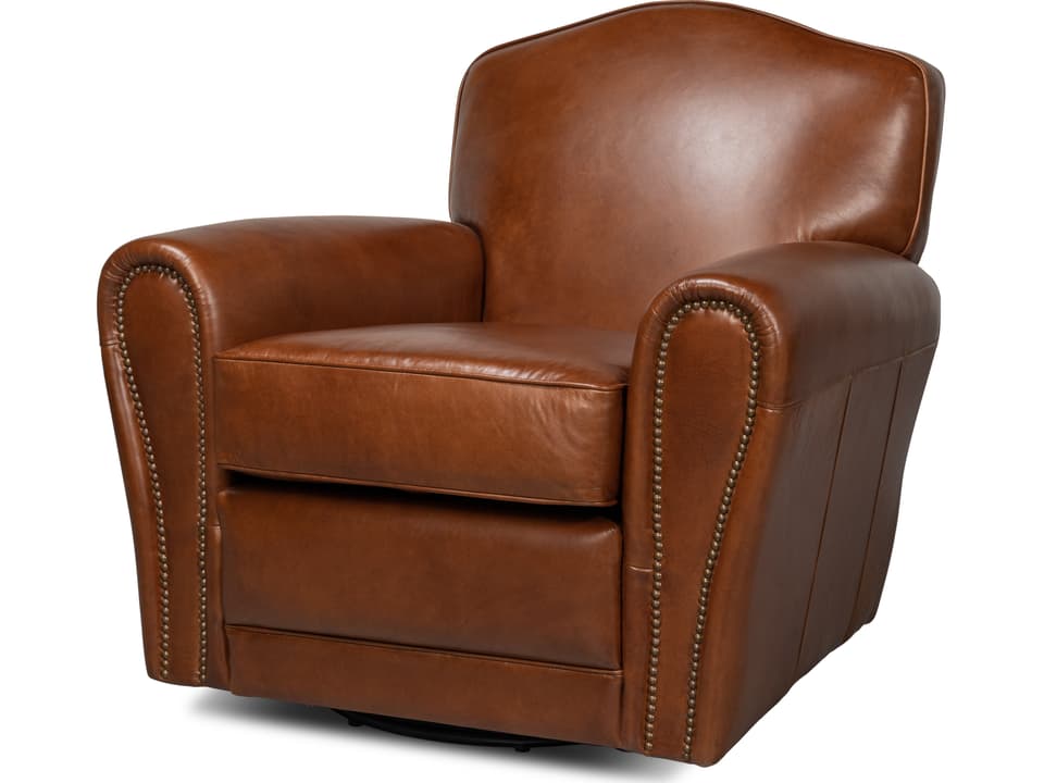 Elite French Leather Swivel Accent Chair in Vintage Havana
