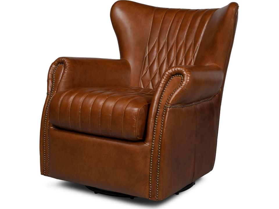 Bugatti Leather Swivel Accent Chair in Vintage Havana Brown