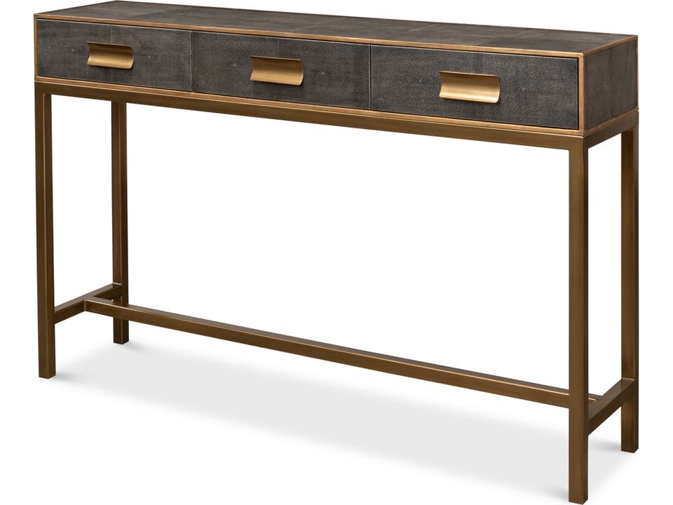 Gideon Shagreen Console Table in Antique Grey with Gold Trim