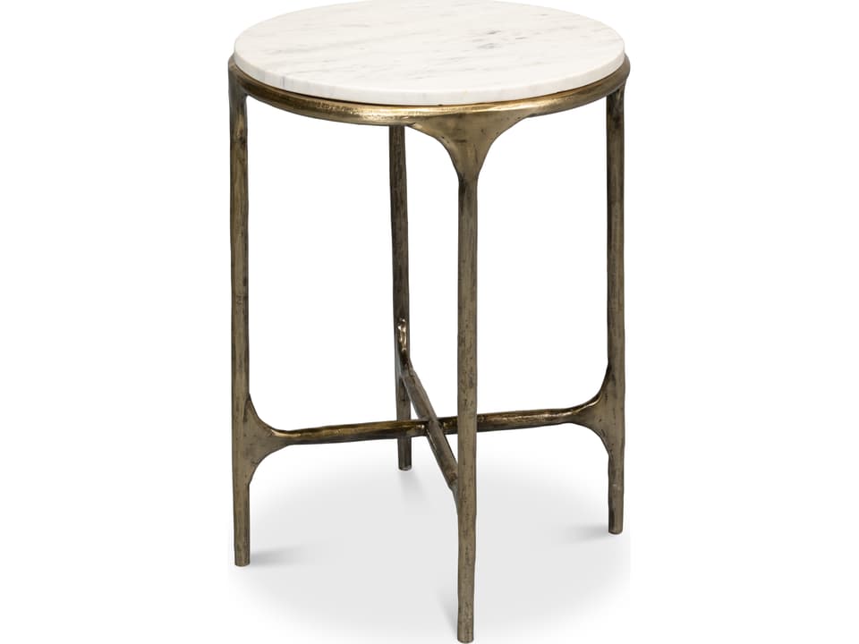 Gimlet Round End Table Iron and Marble Top White and Brass