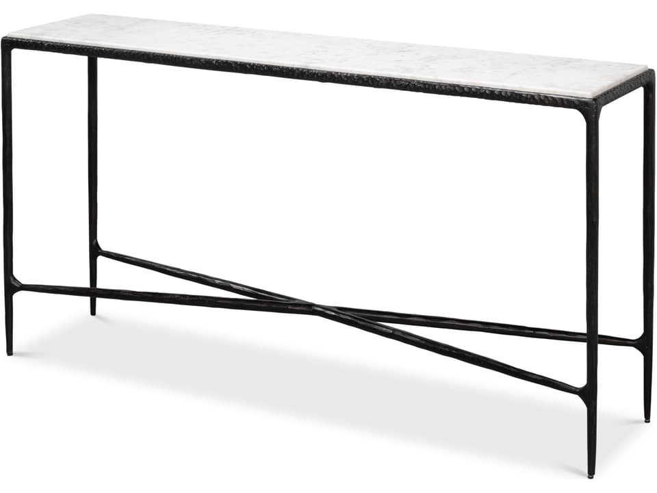 Dakor Console Table with White Marble Top and Rustic Black Iron Base