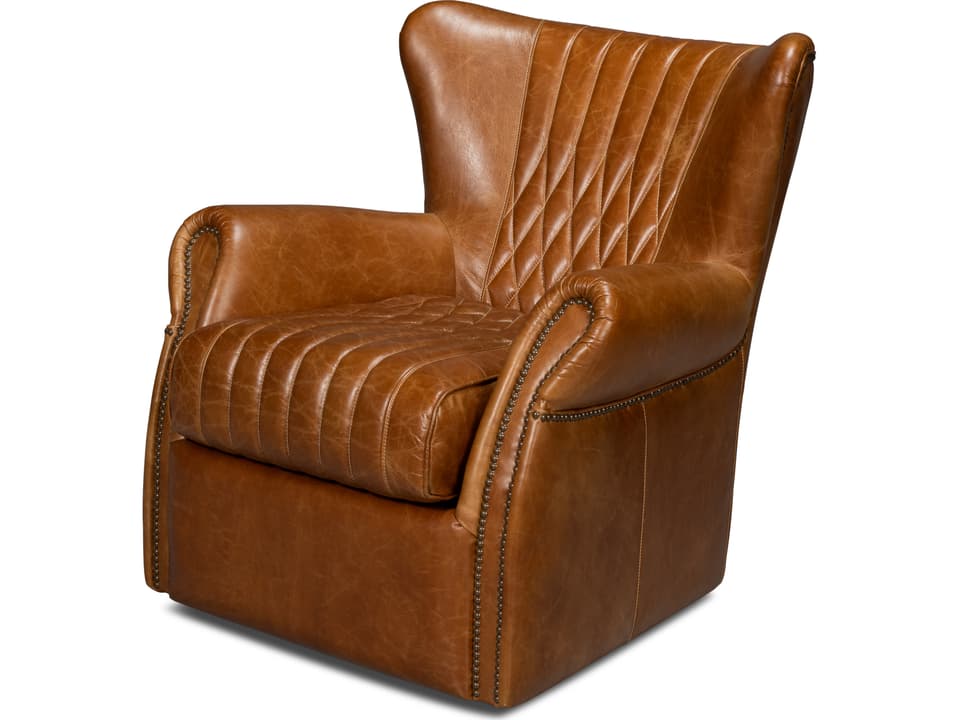 Bugatti Leather Swivel Club Chair in Cuba Brown with Nailhead Trim