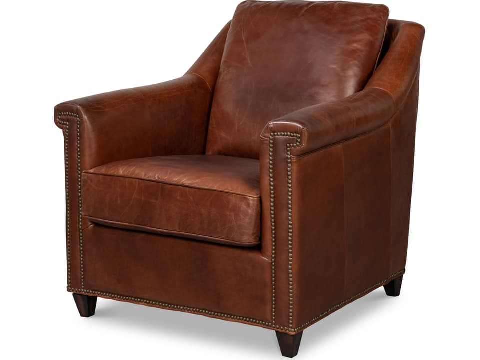 Vandike Leather Arm Chair in Newark Brown with Gold Nailhead Trim