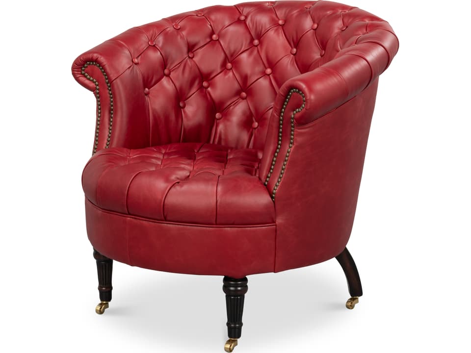 Bastian New Rouge Leather Armchair with Deep Tufting and Nailhead Trim