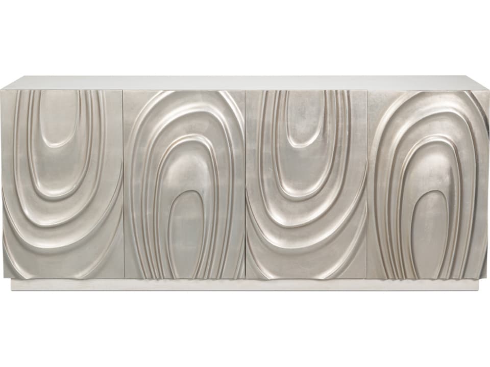 Capriole 86 Inch Ash Wood Sideboard in White Finish with Silver Leaf Doors