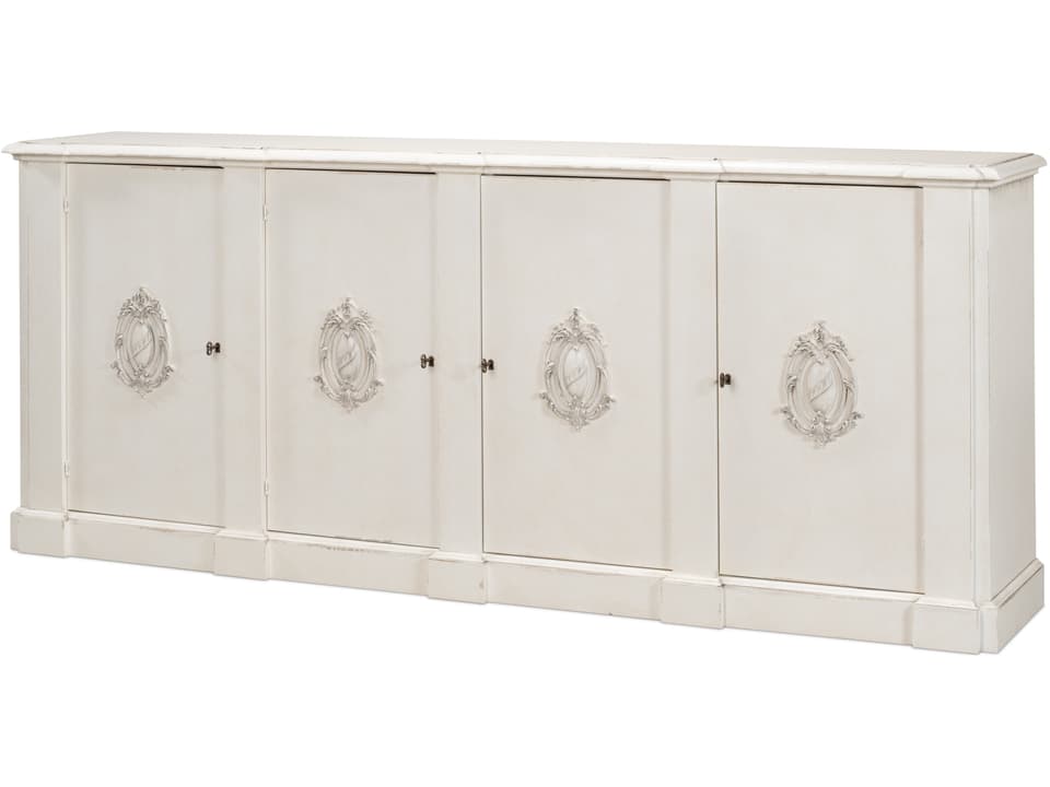 Crested Solid Pine Wall Cabinet with White Finish and Decorative Emblems