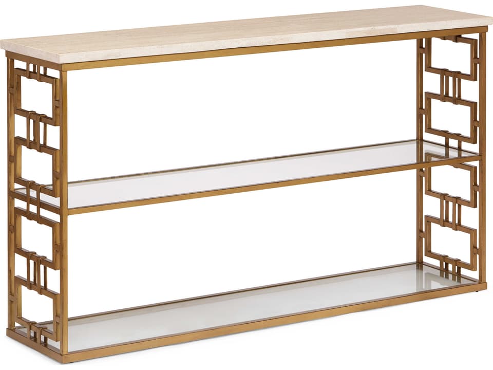 Chicklet Console Table with Honed Travertine Top Aged Gold Base